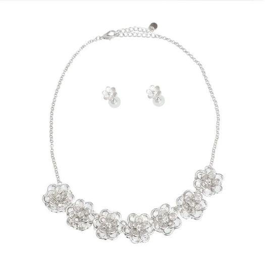 Open Silver Color Blooms Dimensional Floral Necklace Set Jewelry Bubble