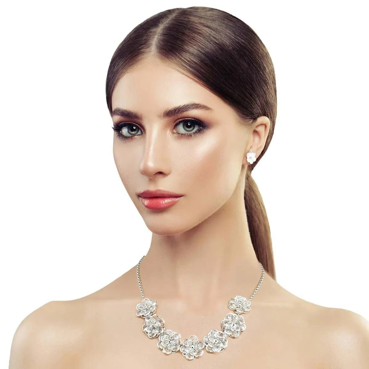 Open Silver Color Blooms Dimensional Floral Necklace Set