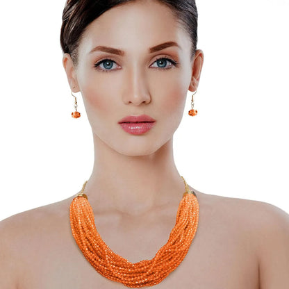 Orange Bead Multi Strand Necklace with Earrings Jewelry Bubble