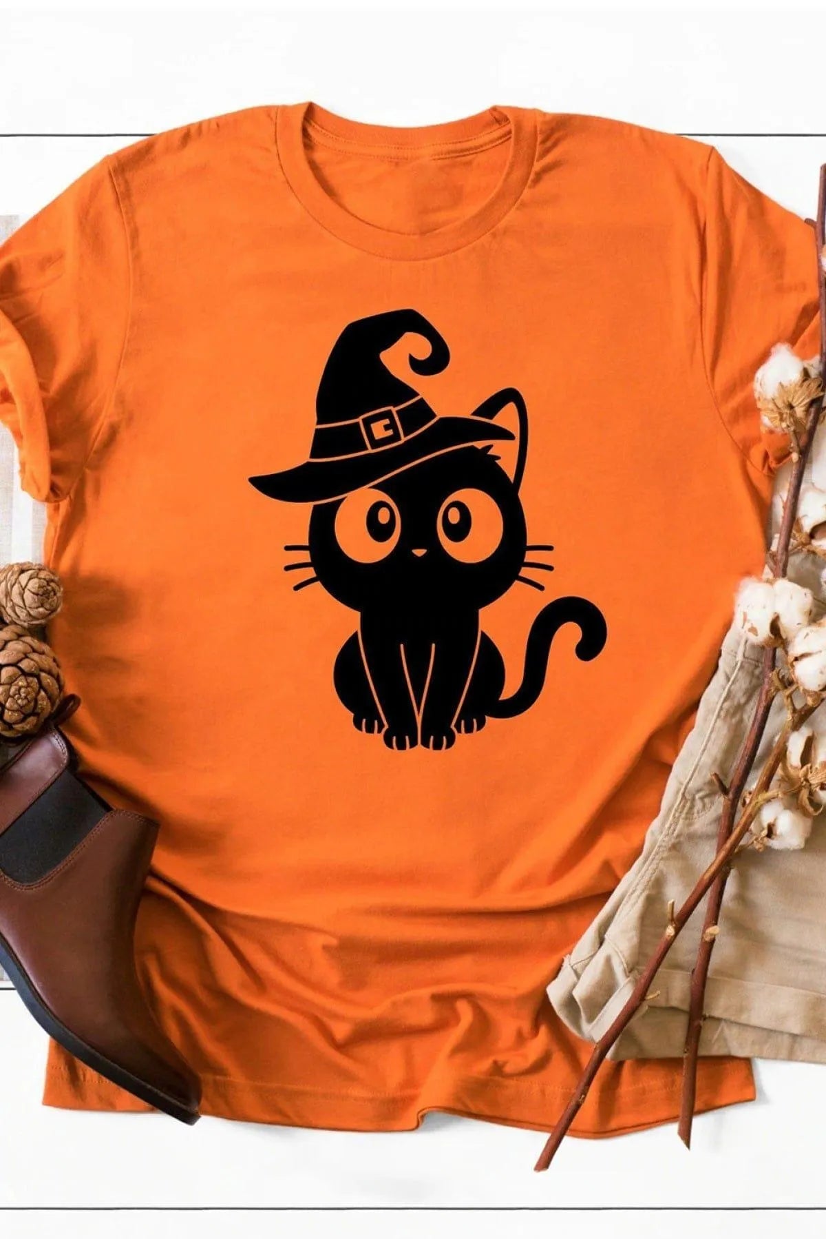 Orange Black Cat Graphic Print Short Sleeve T Shirt Jewelry Bubble