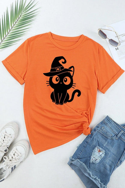 Orange Black Cat Graphic Print Short Sleeve T Shirt Jewelry Bubble