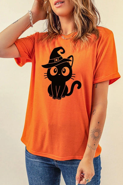 Orange Black Cat Graphic Print Short Sleeve T Shirt Jewelry Bubble