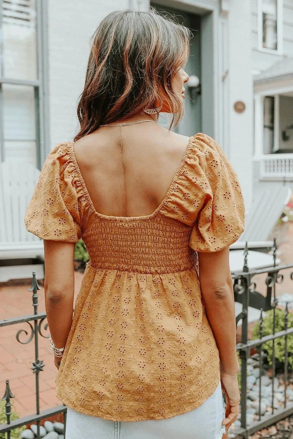 Orange Eyelet Smocked Babydoll Puff Sleeve Top