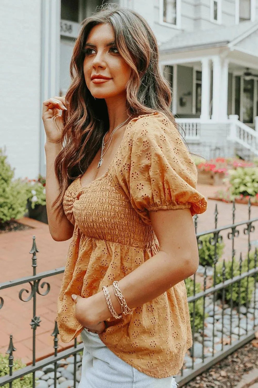 Orange Eyelet Smocked Babydoll Puff Sleeve Top