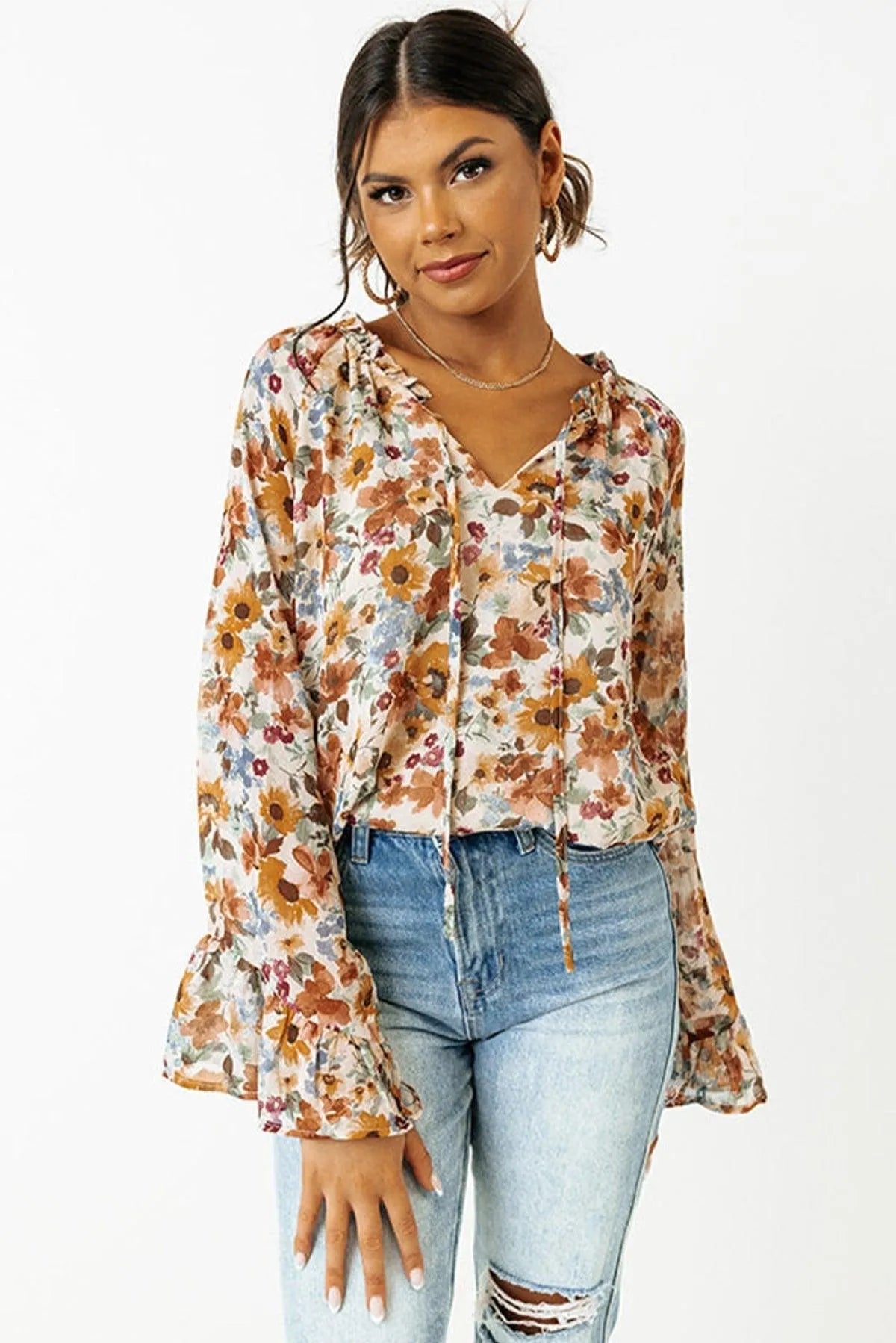 Orange Floral Print Flare Cuff Long Sleeve Blouse Jewelry Bubble