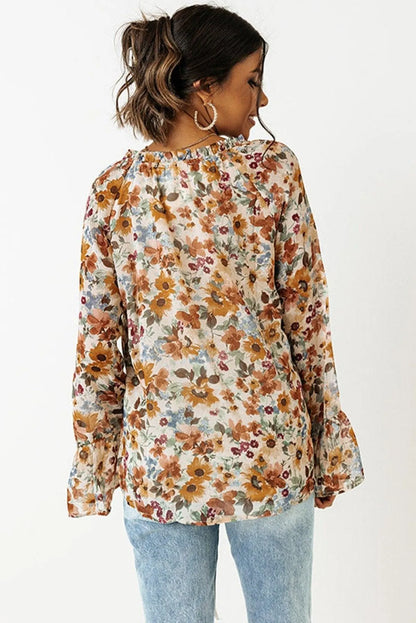 Orange Floral Print Flare Cuff Long Sleeve Blouse Jewelry Bubble