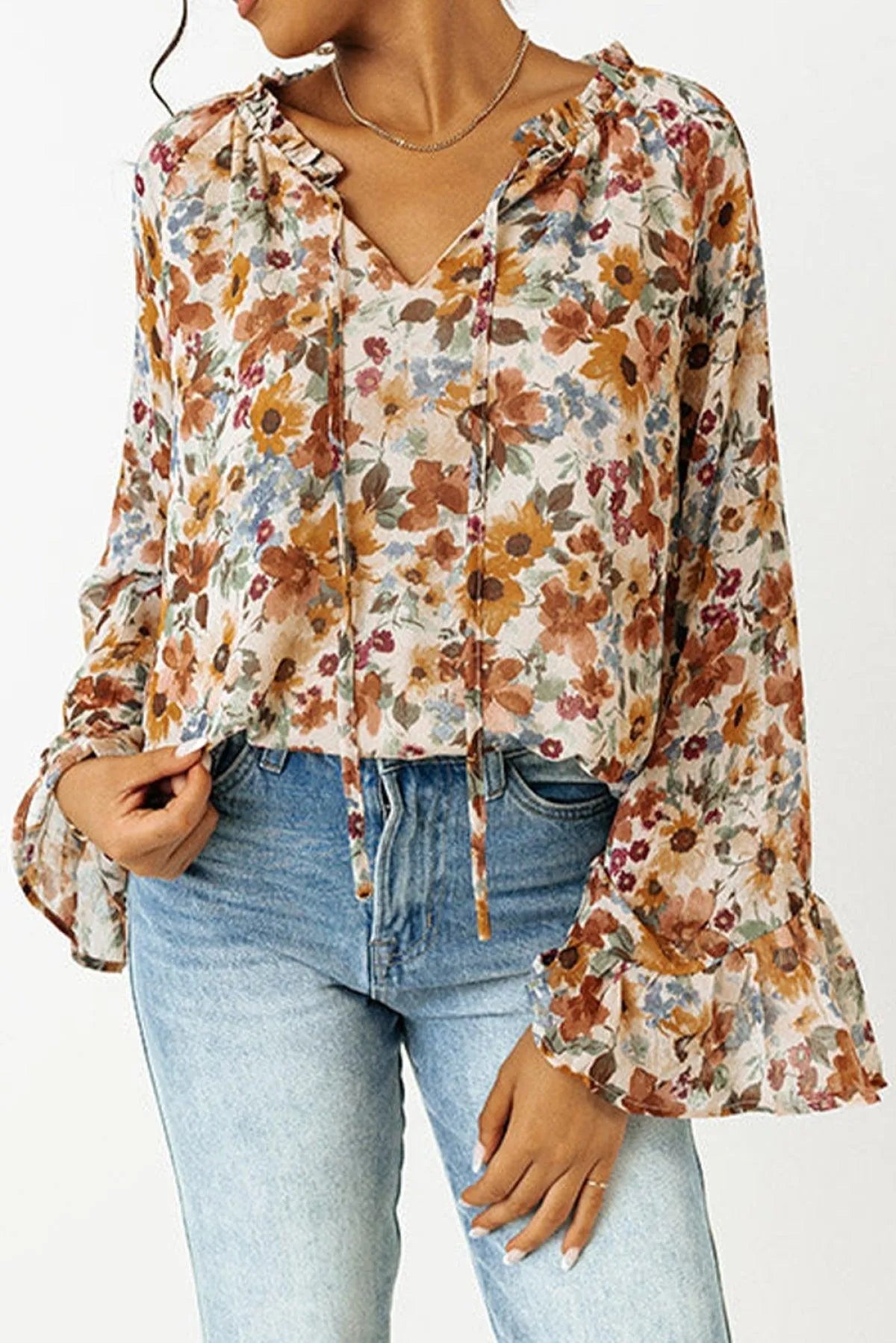 Orange Floral Print Flare Cuff Long Sleeve Blouse Jewelry Bubble