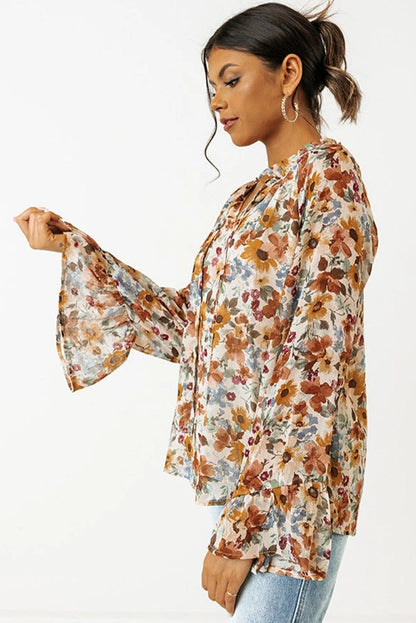 Orange Floral Print Flare Cuff Long Sleeve Blouse Jewelry Bubble