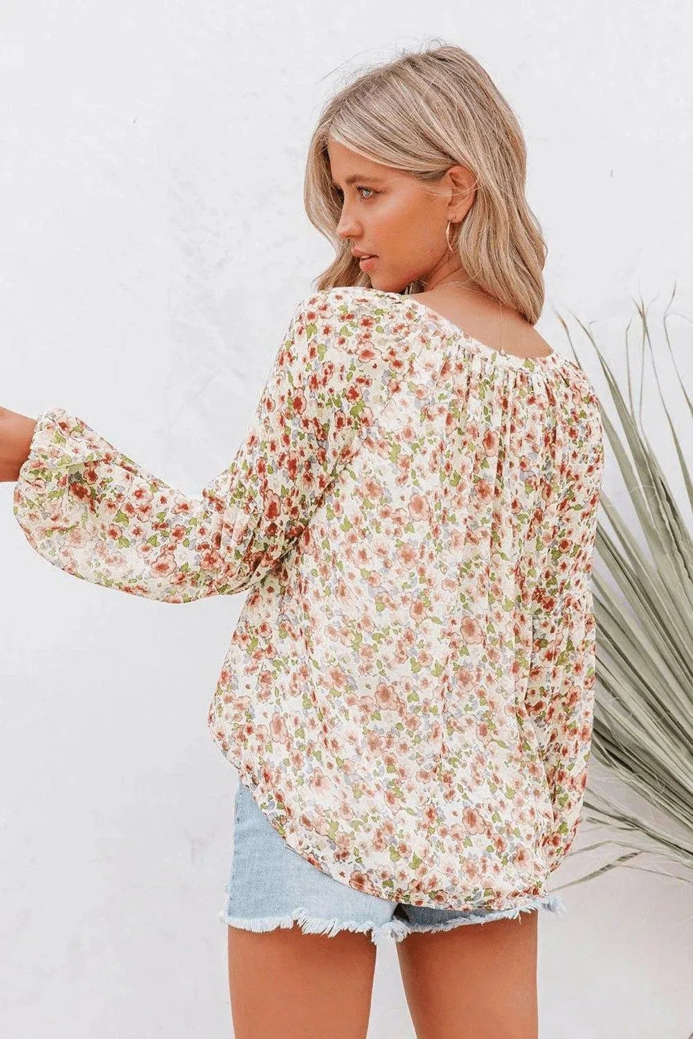 Orange Floral Print V Neck Long Puff Sleeve Top