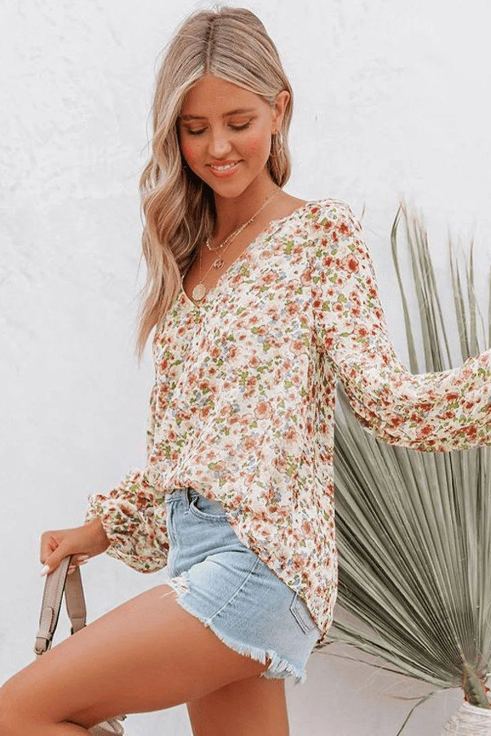 Orange Floral Print V Neck Long Puff Sleeve Top Jewelry Bubble