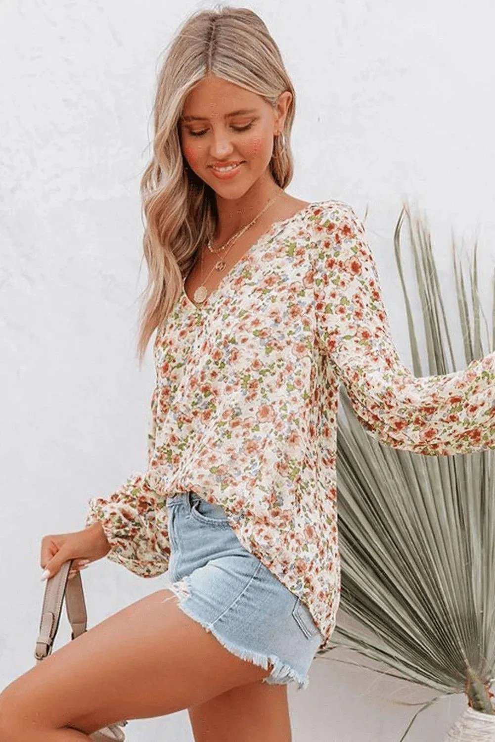 Orange Floral Print V Neck Long Puff Sleeve Top