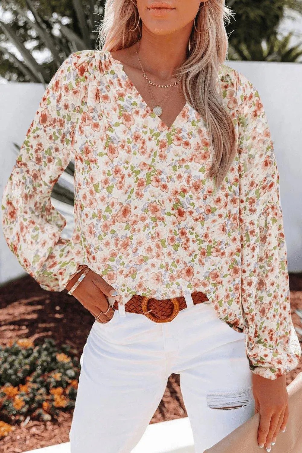 Orange Floral Print V Neck Long Puff Sleeve Top