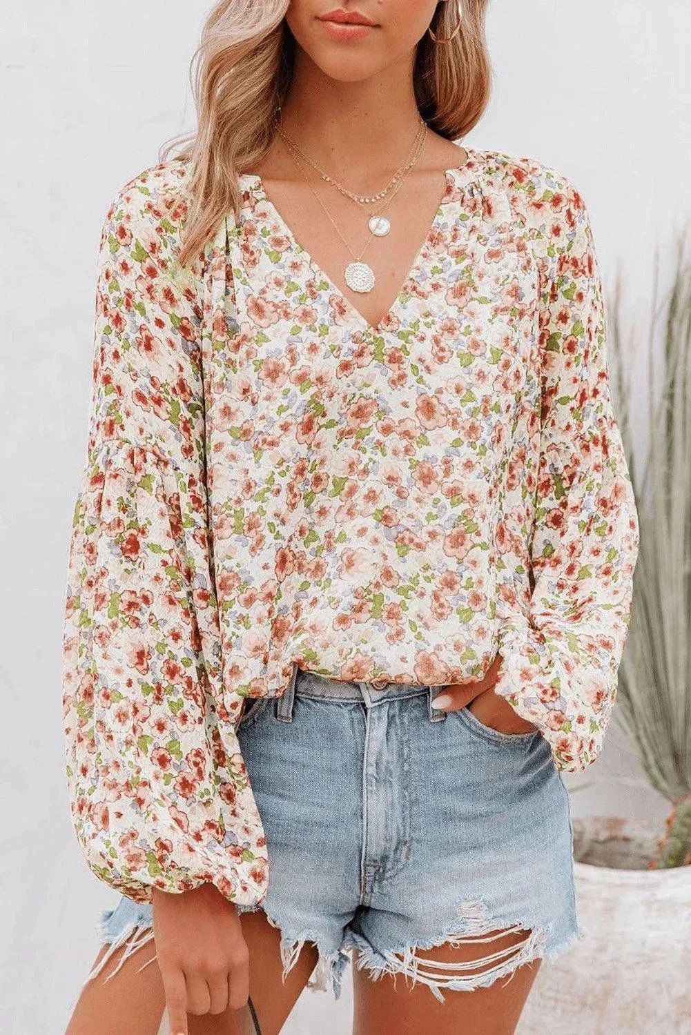 Orange Floral Print V Neck Long Puff Sleeve Top