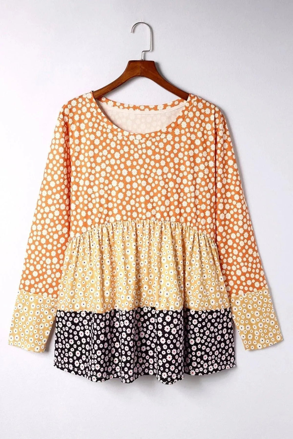 Orange Plus Size Colorblock Blooming Daisy Long Sleeve Flowy Top