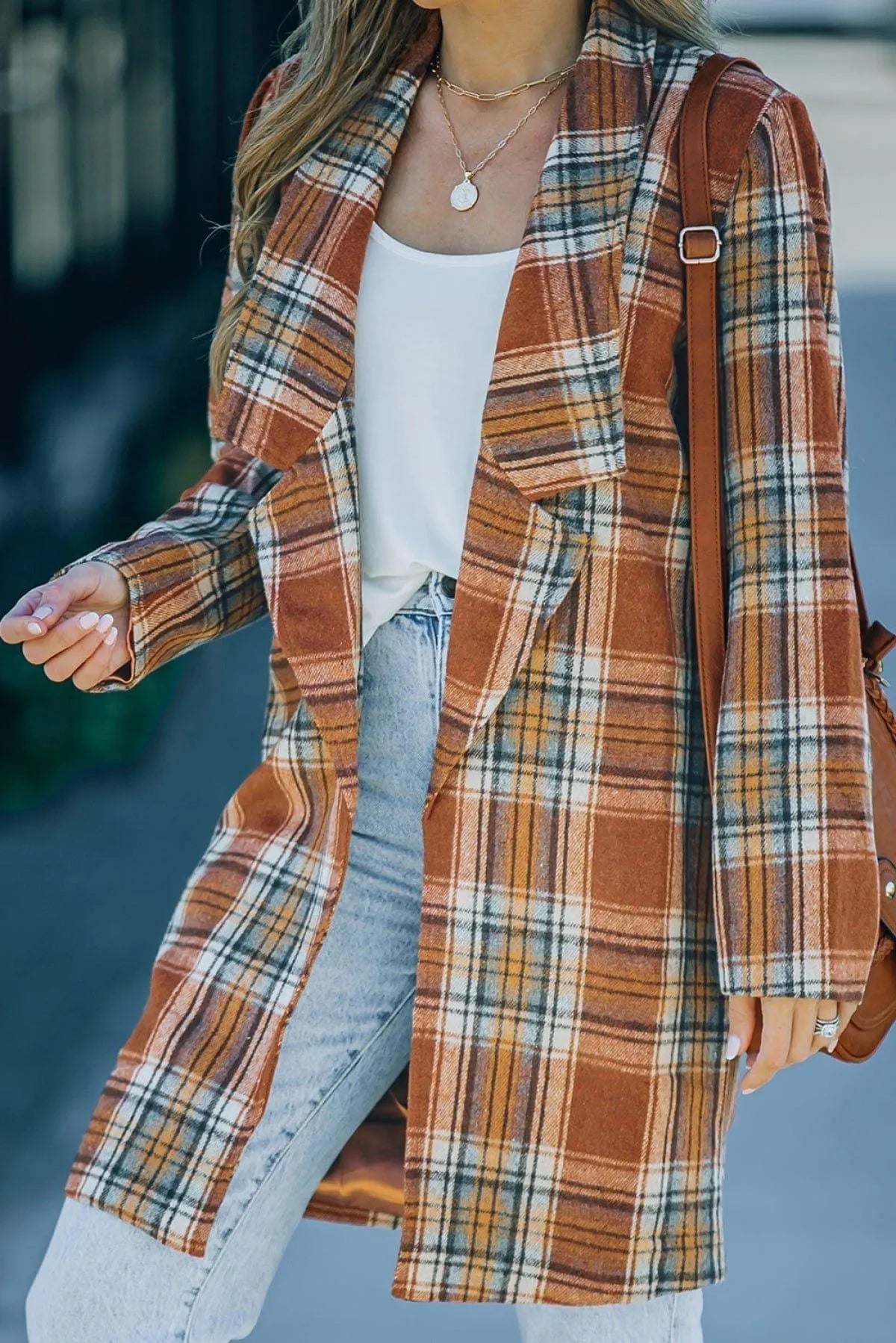 Orange Vintage Plaid Lapel Collar Long Blazer Jewelry Bubble