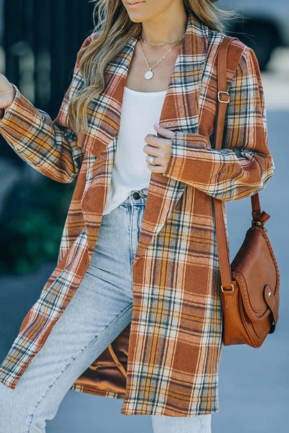 Orange Vintage Plaid Lapel Collar Long Blazer Jewelry Bubble