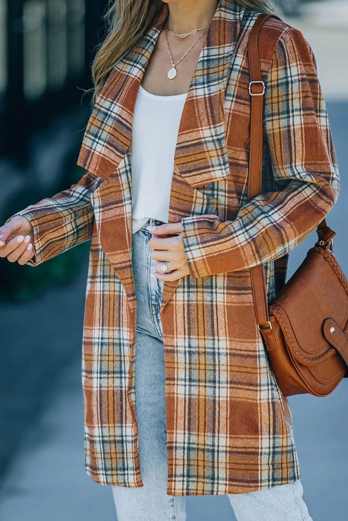 Orange Vintage Plaid Lapel Collar Long Blazer Jewelry Bubble