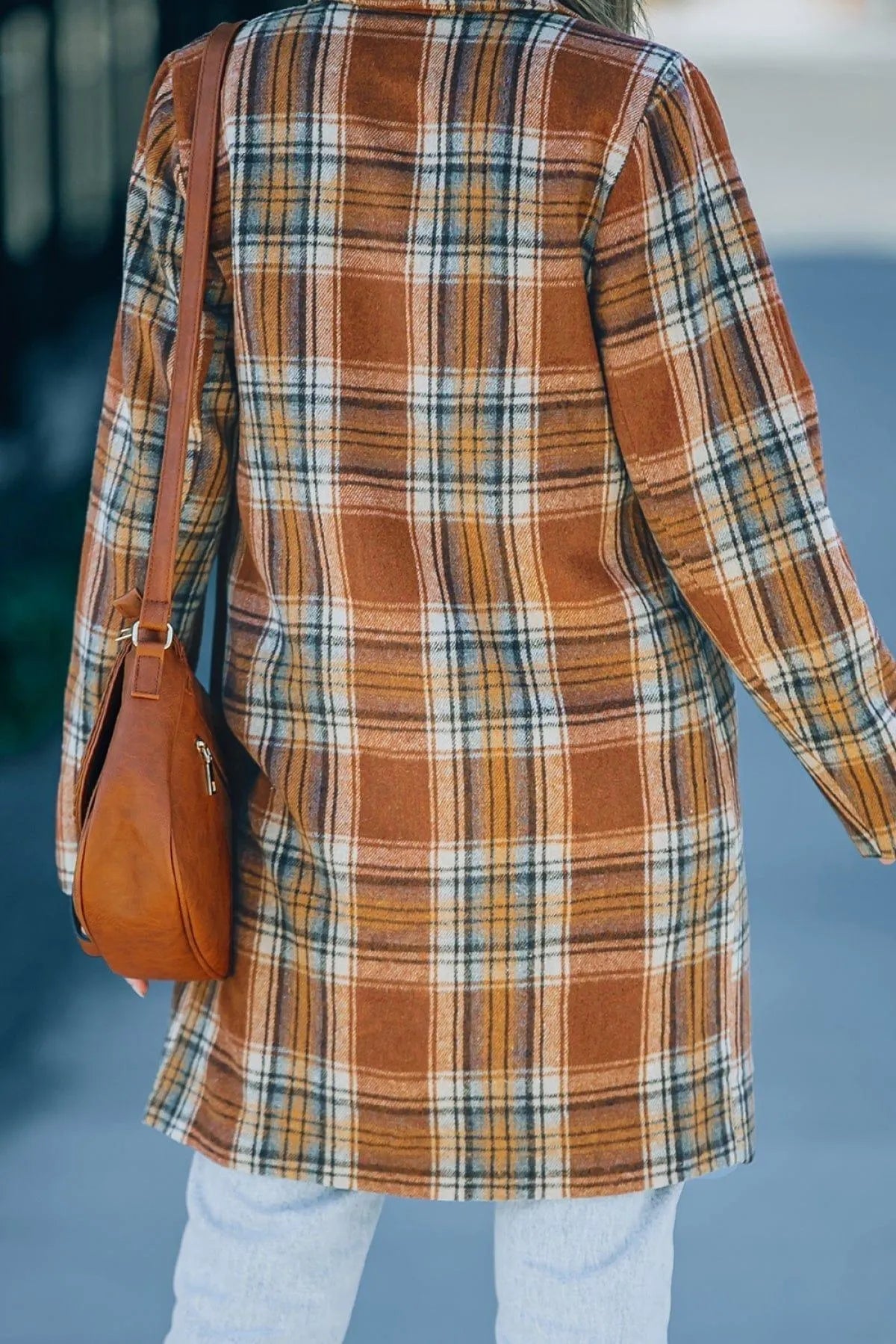 Orange Vintage Plaid Lapel Collar Long Blazer Jewelry Bubble