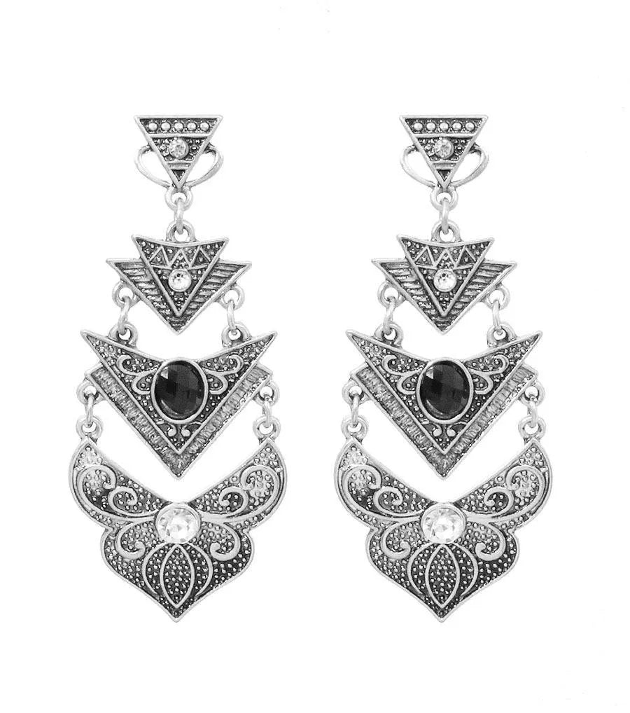 Ornate V Swag Burnished Silver Drop Earrings - Exquisite Jewelry Pinktown