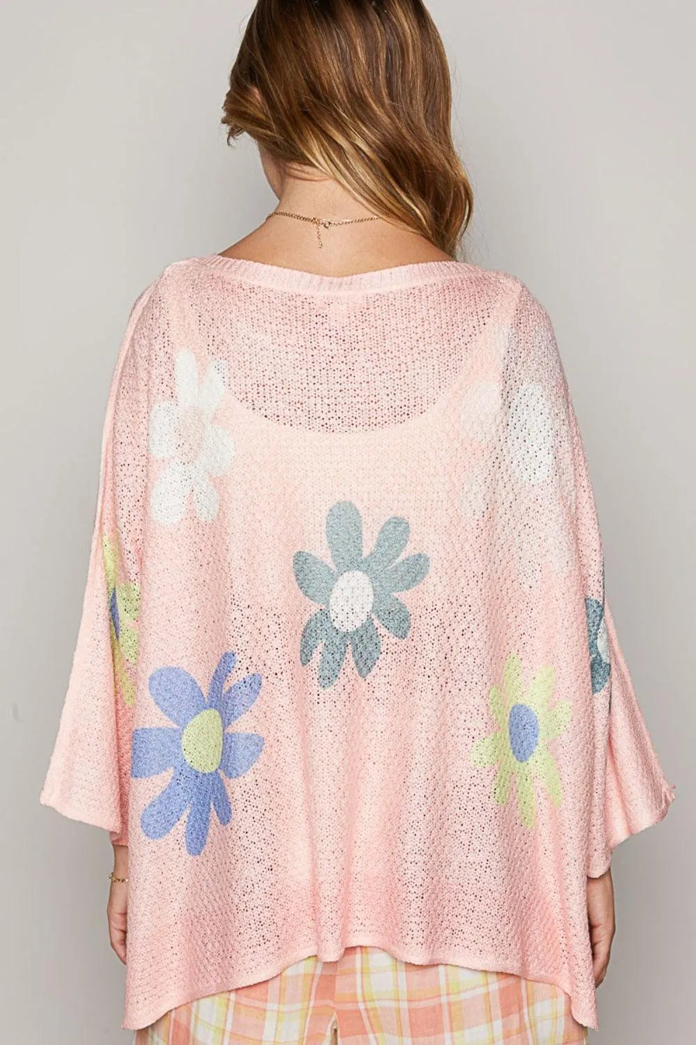 POL Flower Dropped Shoulder Long Sleeve Knit Top Jewelry Bubble