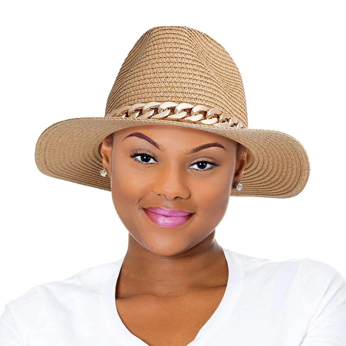 Panama Hat in Camel with Chain Band Detail for Women Jewelry Bubble