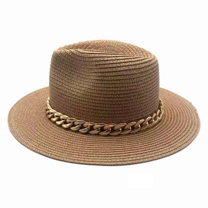 Panama Hat in Camel with Chain Band Detail for Women Jewelry Bubble