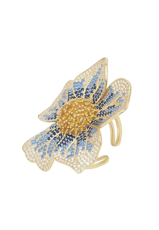 Pansy Flower Blue Ring Gold Plated Jewelry Bubble