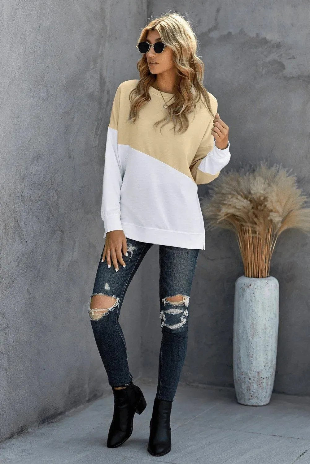 Patchwork Dropped Shoulder Sweatshirt Apricot