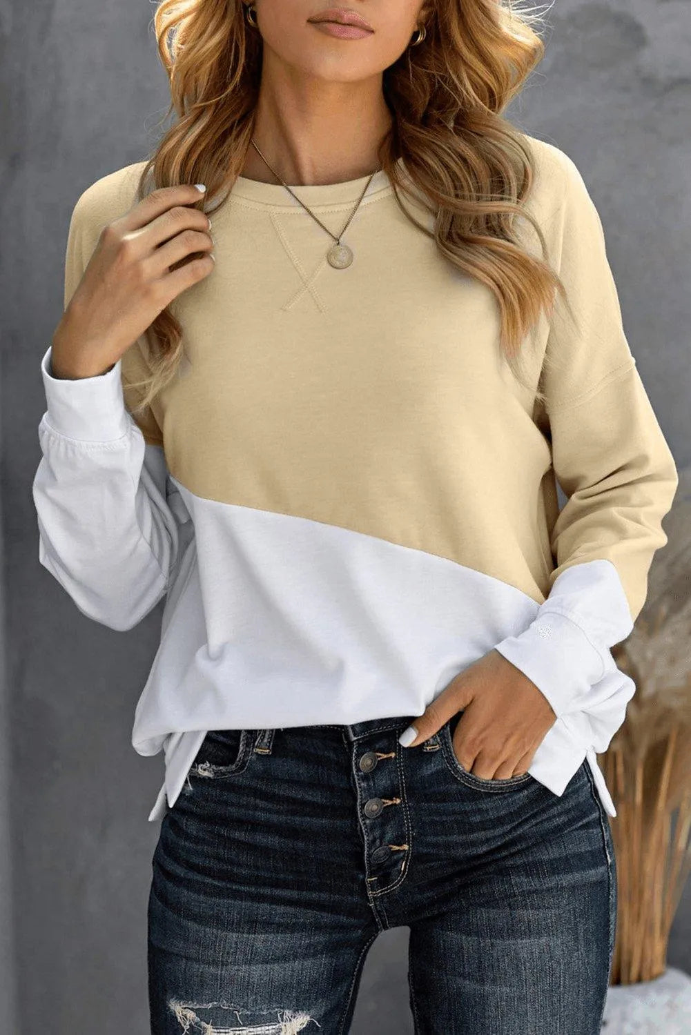 Patchwork Dropped Shoulder Sweatshirt Apricot Jewelry Bubble