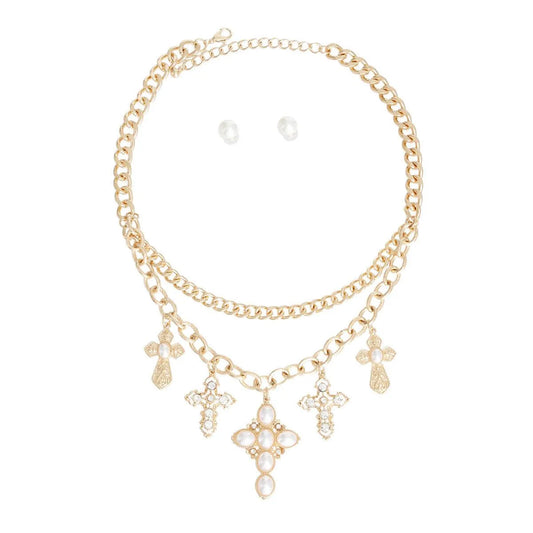 Pearl-Adorned Suspended Cross Fashion Necklace Set Jewelry Bubble