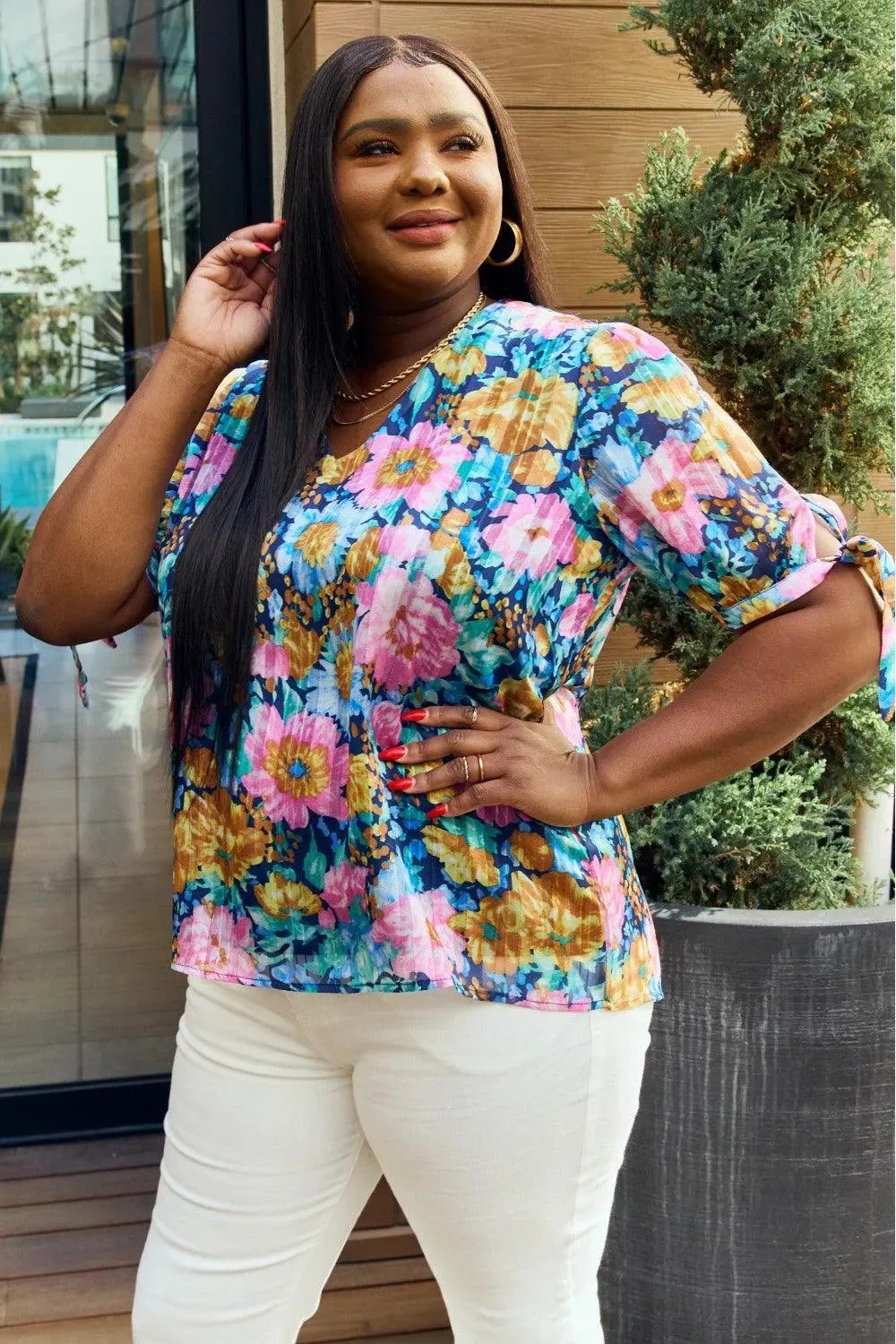 Petal Dew, Floral V-Neck Tie Detail Blouse