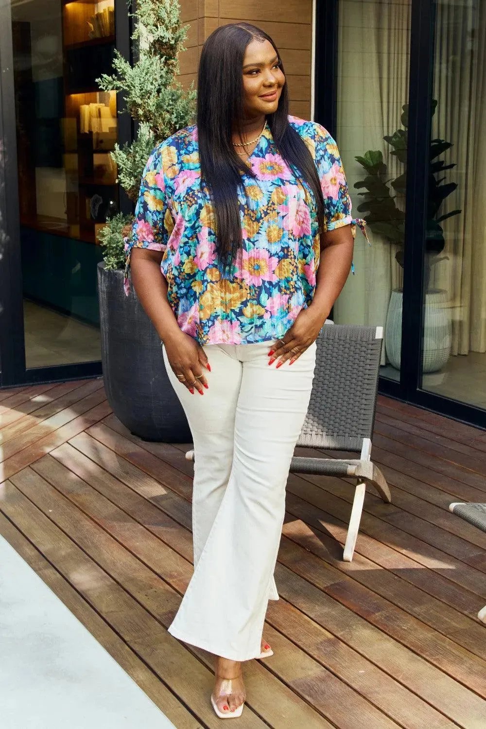 Petal Dew, Floral V-Neck Tie Detail Blouse