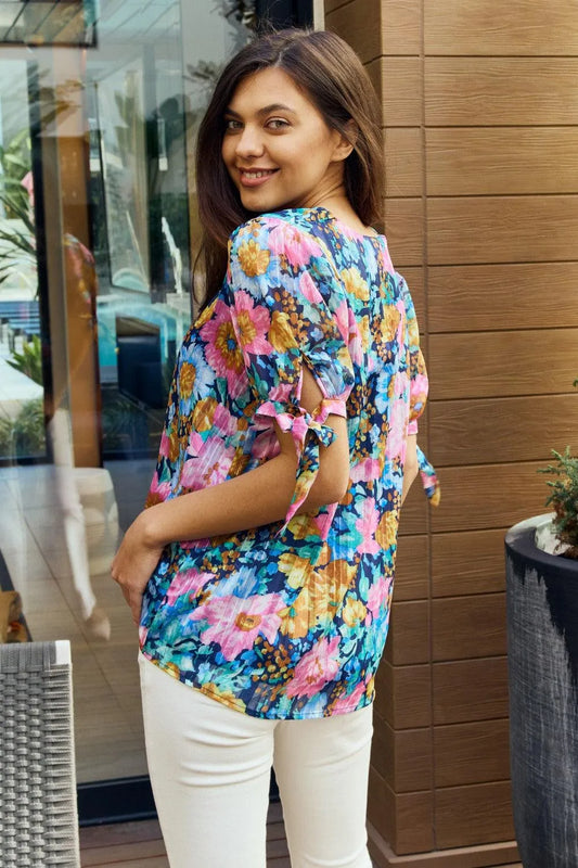 Petal Dew, Floral V-Neck Tie Detail Blouse Jewelry Bubble