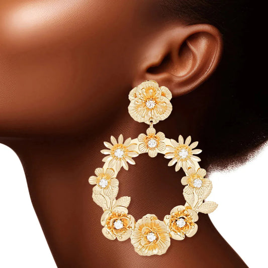 Petaria Burnished Gold Flower Statement Hoop Earrings Pinktown