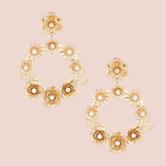 Petaria Burnished Gold Flower Statement Hoop Earrings Pinktown