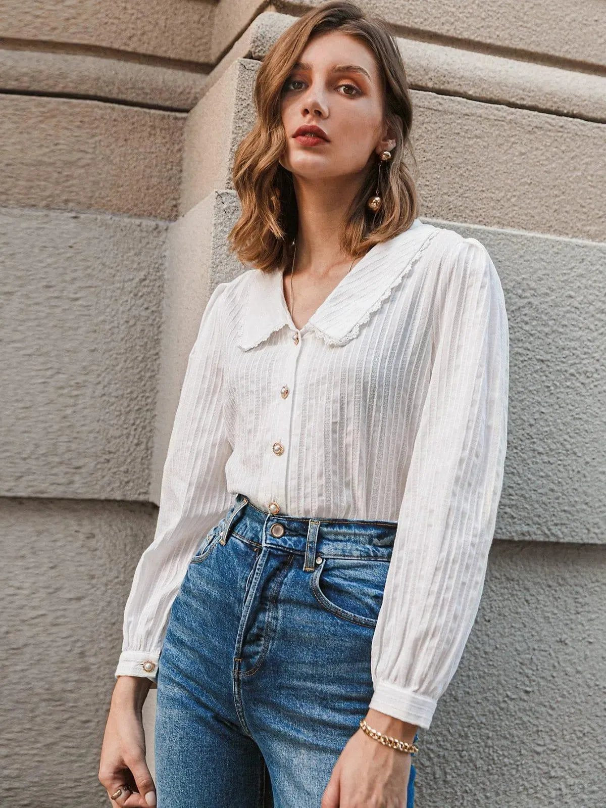 Peter Pan Collar Lace Trim Button Front Womens Shirt