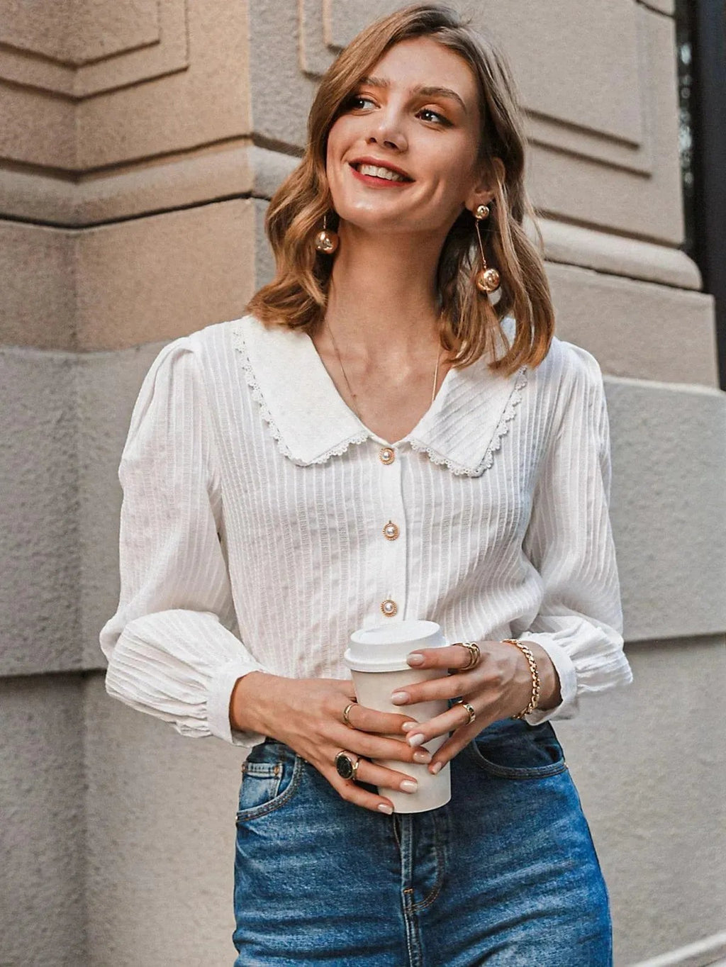Peter Pan Collar Lace Trim Button Front Womens Shirt