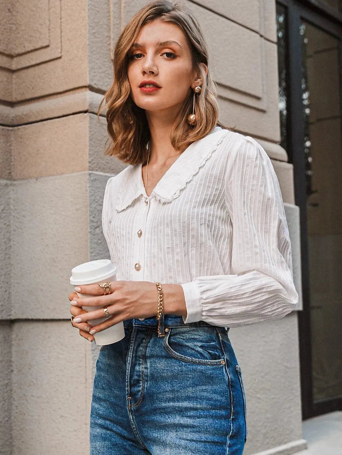 Peter Pan Collar Lace Trim Button Front Womens Shirt