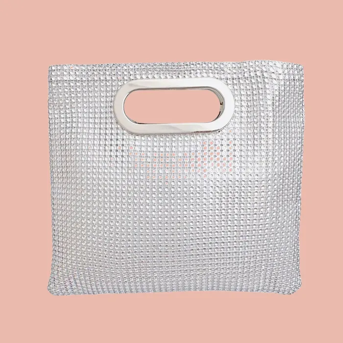 Women's Silver Rhinestone Mesh Clutch Handbag | Silver Handle and Square Design