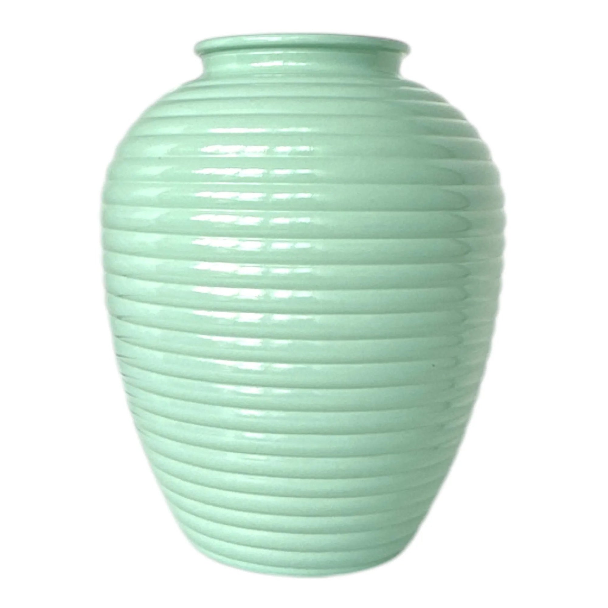 Vintage Green Ribbed Glass Vase - Mid-Century Collectible Home Decor