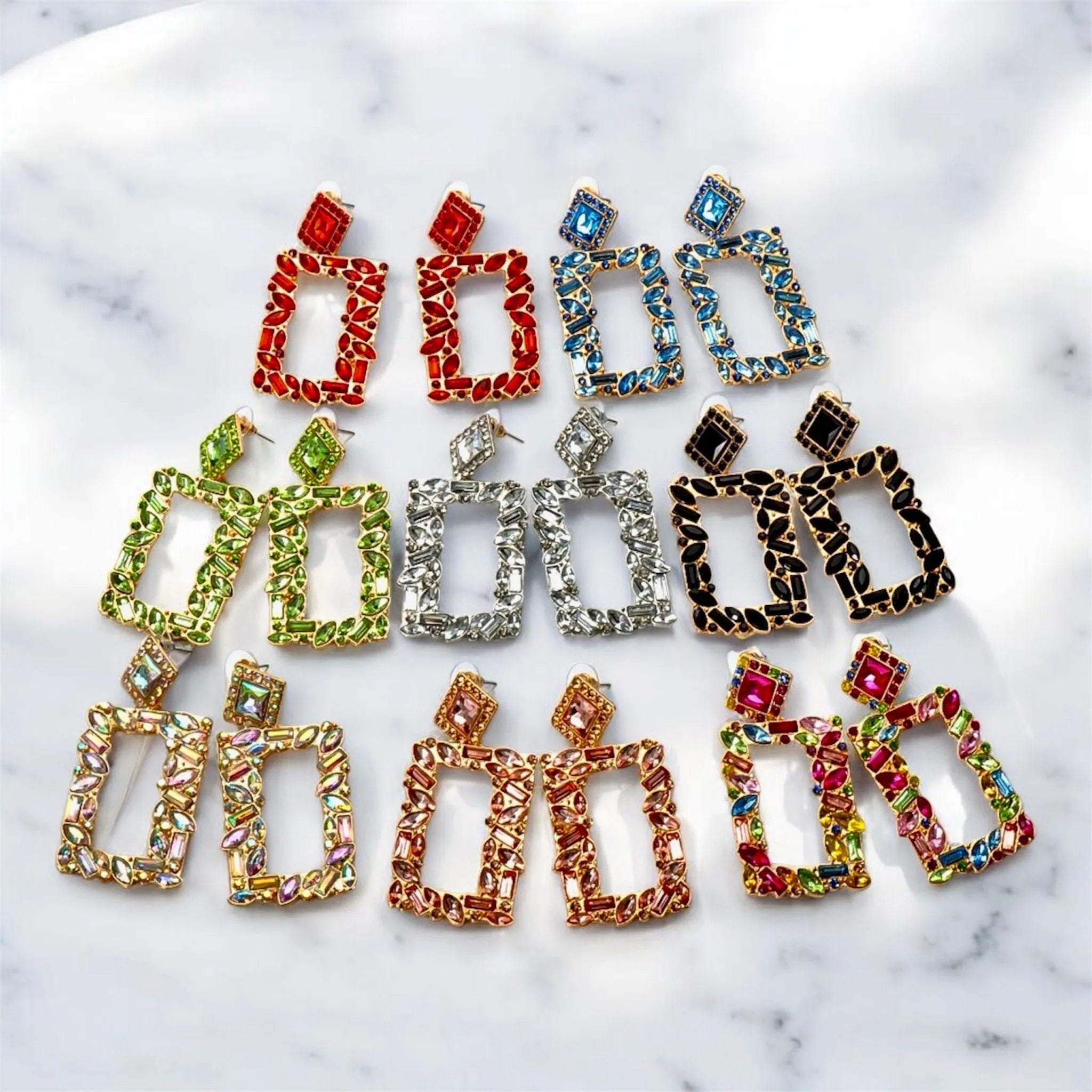 Rectangular Crystal Drop Earrings – Bold and Vibrant Statement Jewelry