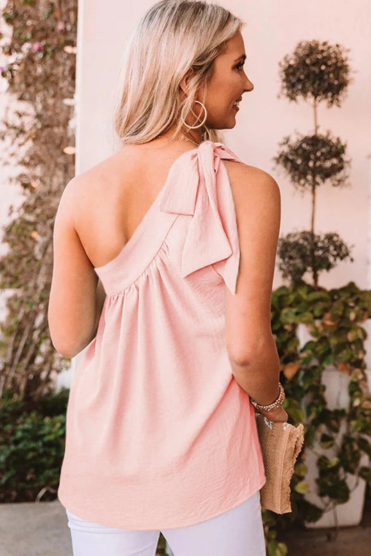 Pink Asymmetric Tie On Shoulder Sleeveless Blouse Jewelry Bubble