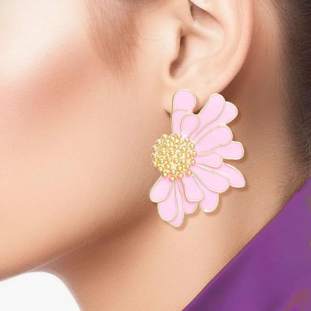 Pink Daisy Earrings Gold Tone: Botanical Fashion Jewelry Jewelry Bubble