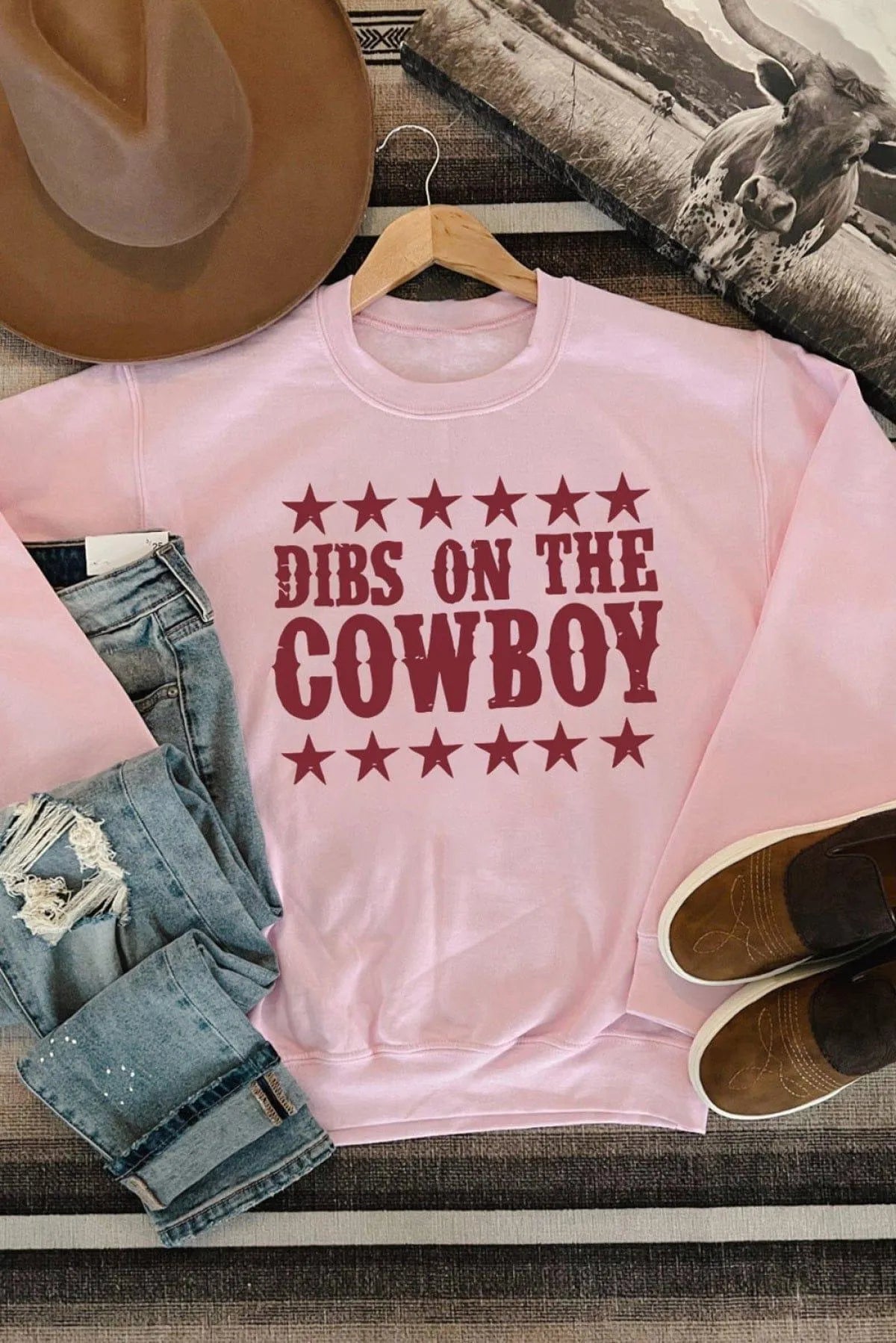 Pink Dibs On The Cowboys Star Print Graphic Sweatshirt Jewelry Bubble