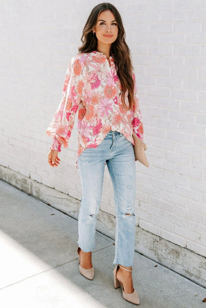 Pink Floral Balloon Sleeves Blouse Jewelry Bubble