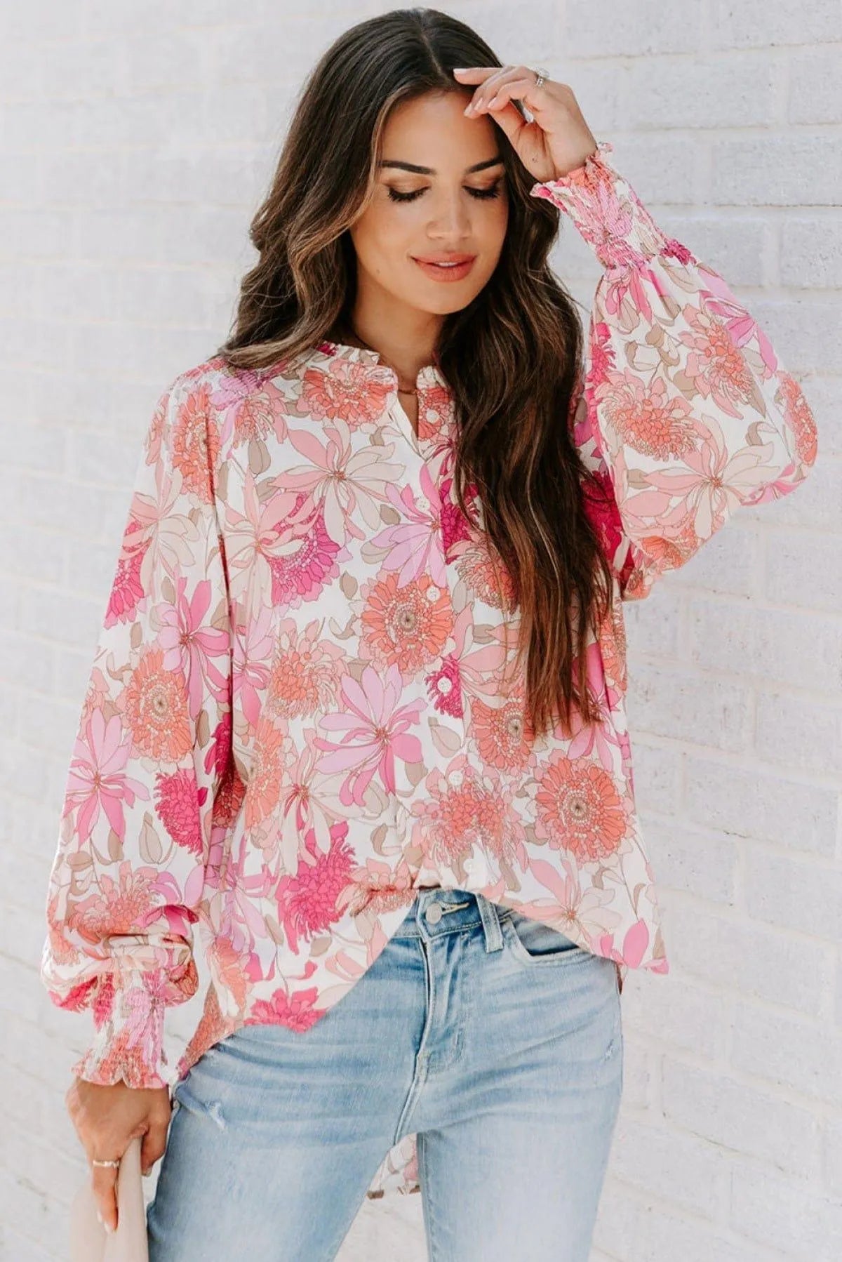 Pink Floral Balloon Sleeves Blouse Jewelry Bubble