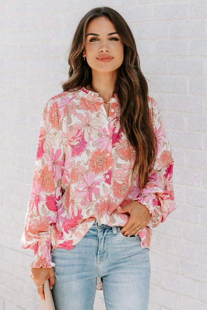 Pink Floral Balloon Sleeves Blouse Jewelry Bubble