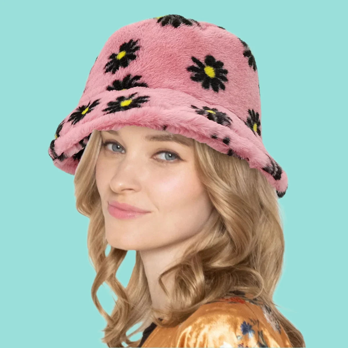 Pink Floral Faux Fur Bucket Hat Jewelry Bubble