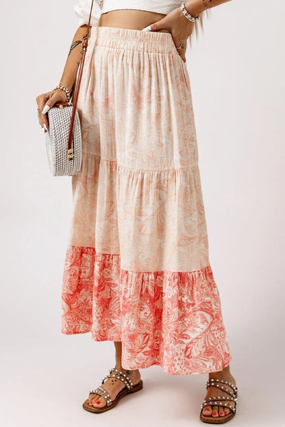 Pink Floral Print Ruffle Hem Tiered Maxi Skirt Jewelry Bubble