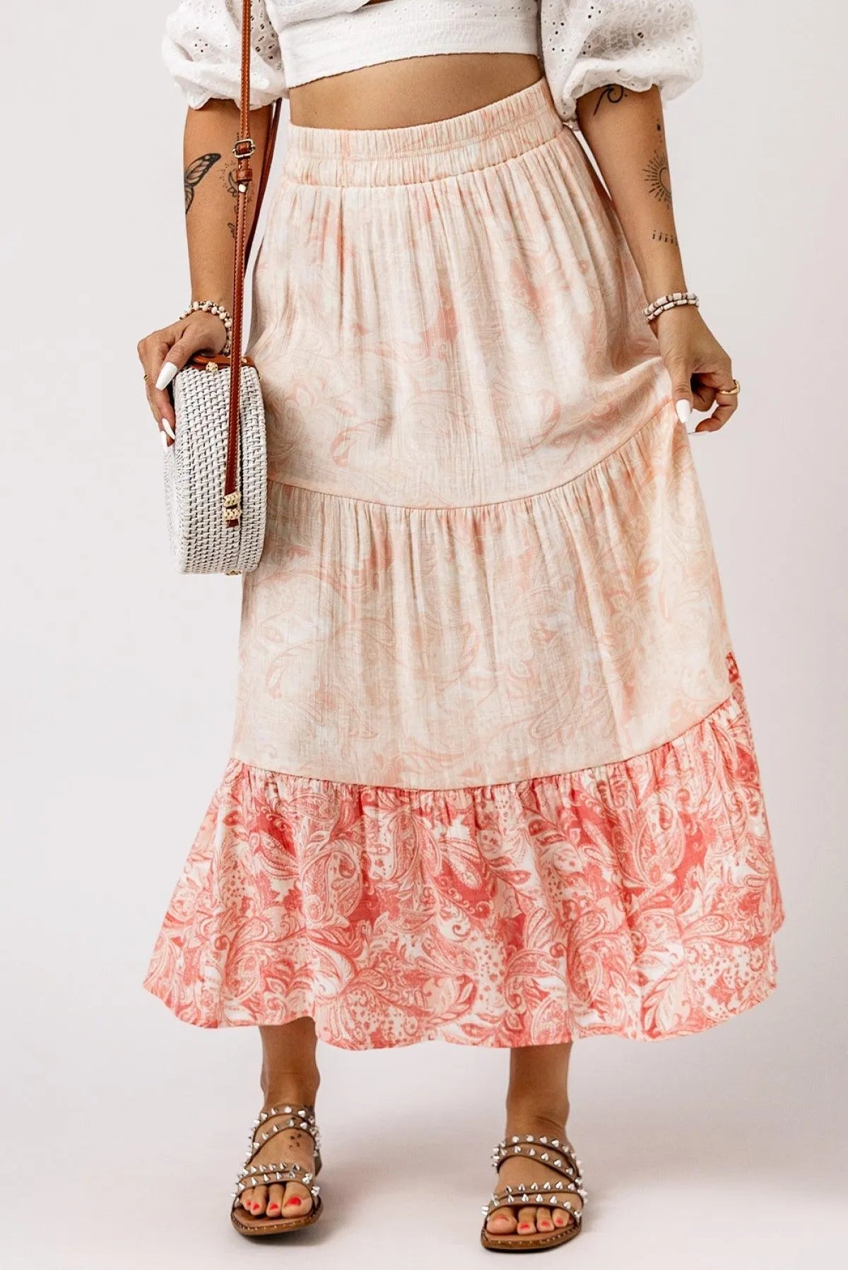 Pink Floral Print Ruffle Hem Tiered Maxi Skirt Jewelry Bubble